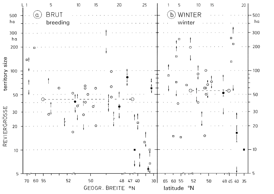 A19 - Fig.9 Territory size of Lanius excubitor in relation to latitude (°N)